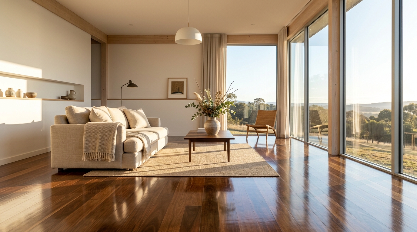 Spotless luxury sunlit living room with pristine hardwood floors