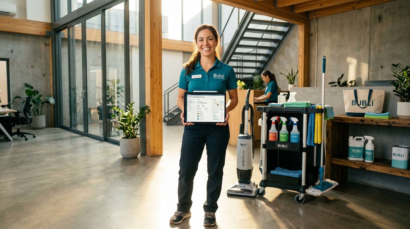 Successful Bubli Cleaning Business Operator with tablet dispatch and eco equipment